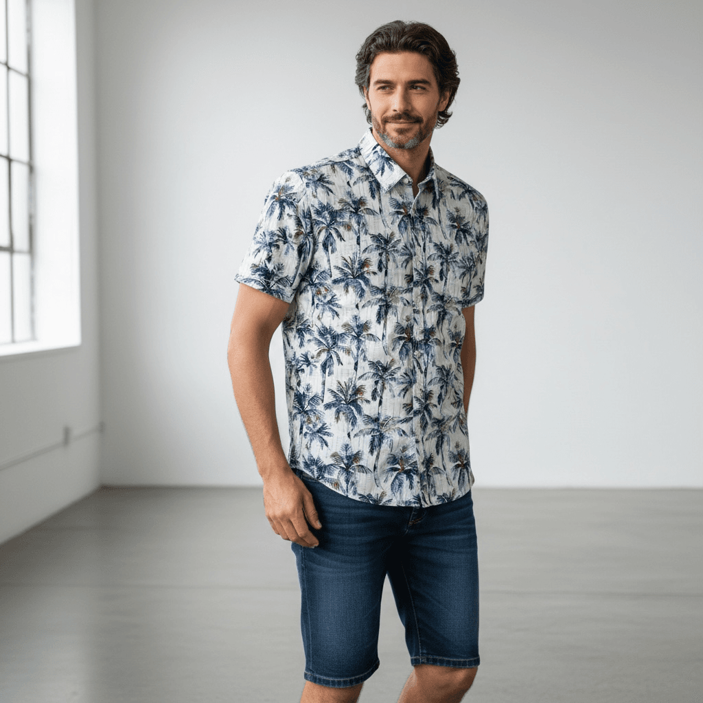 Chemise manche courte imprimée palmiers