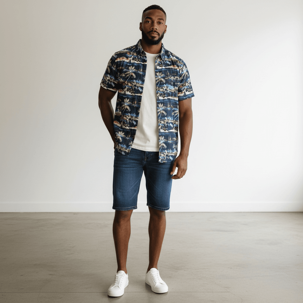 Chemise manche courte imprimée voilier tropicale
