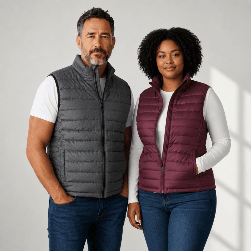 Veste D'Extérieur Sans Manche H/F 6 Deux Personnes Portant Des Vestes Sans Manches.