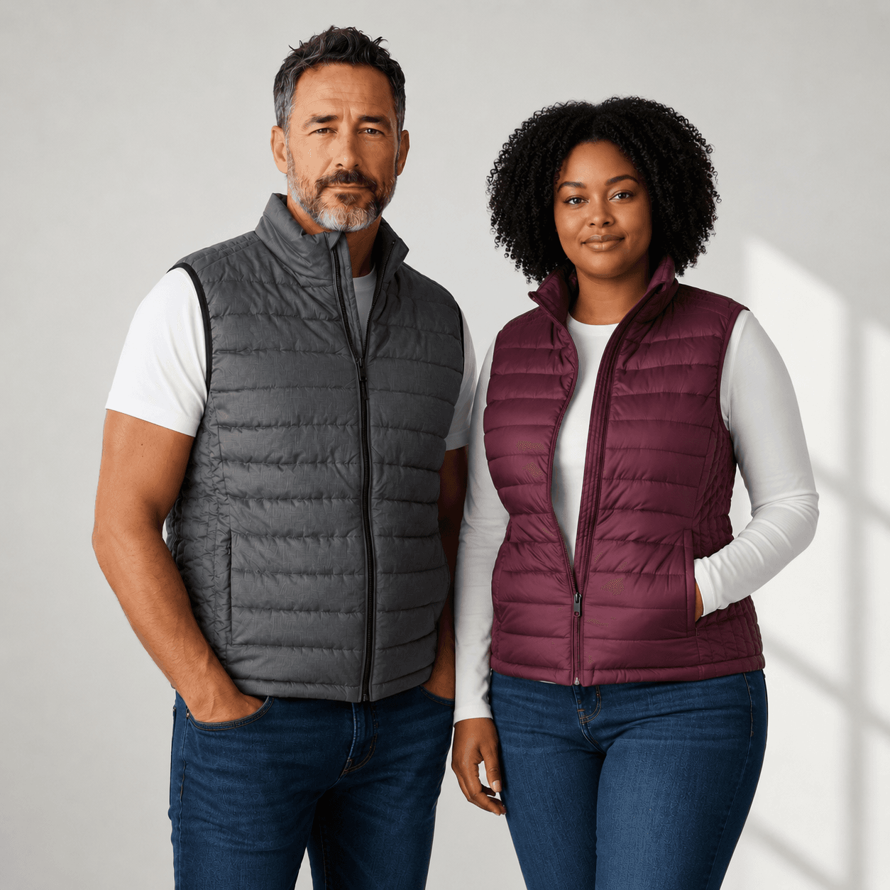 Deux personnes portant des vestes sans manches.