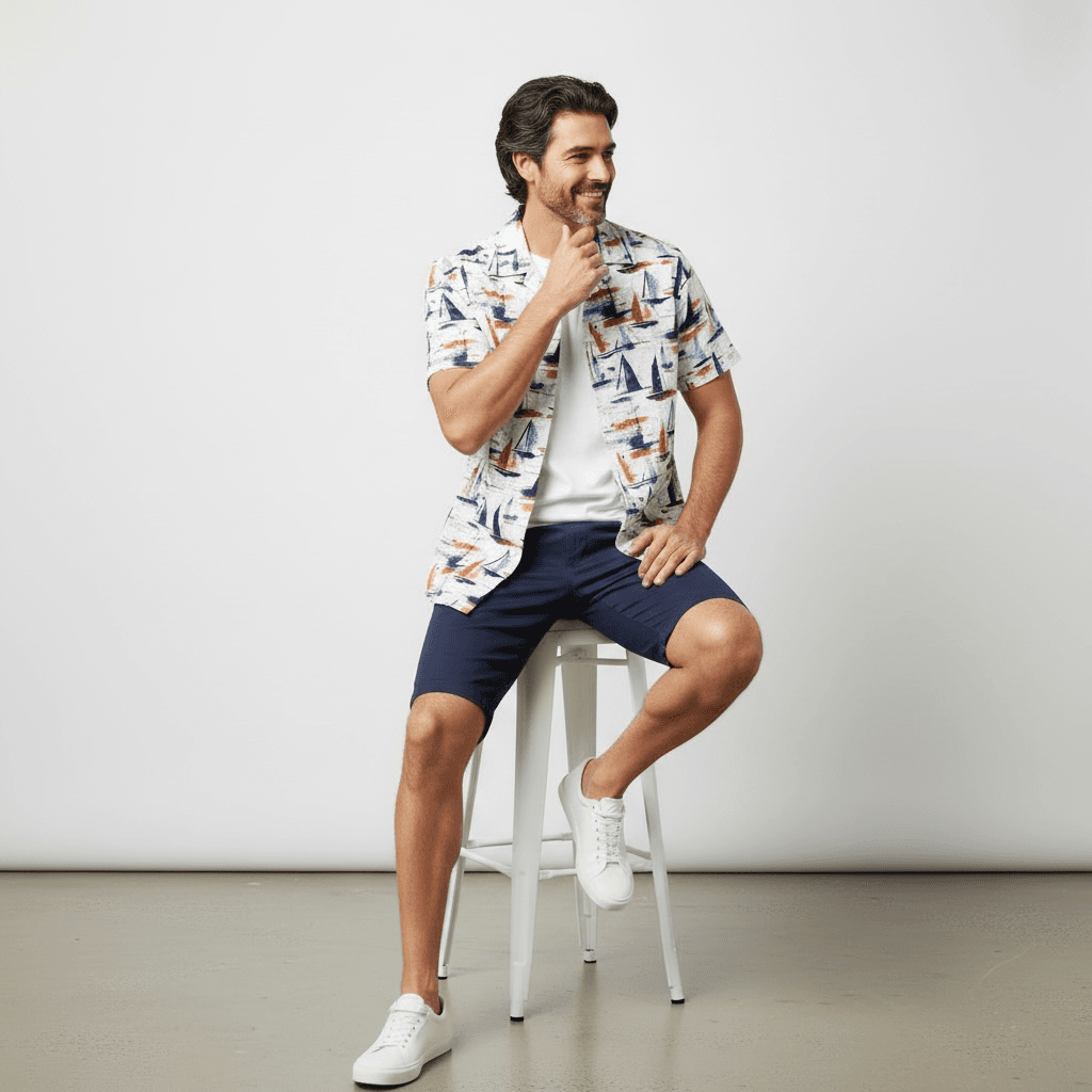Chemise manche courte imprimée bateaux