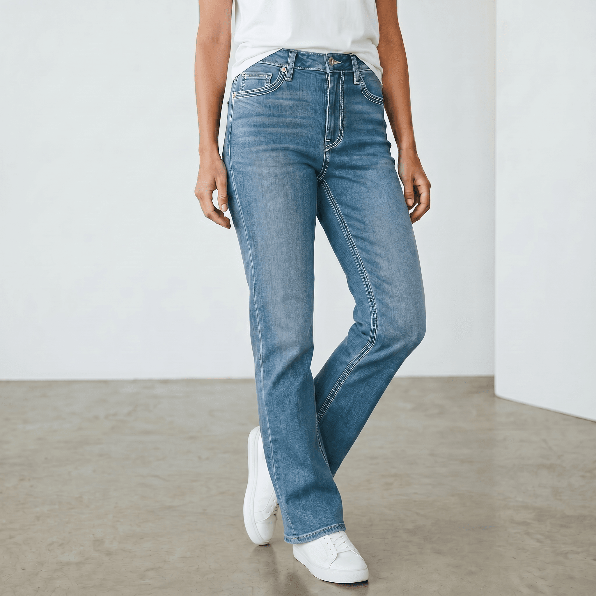 Jeans bleu clair, coupe droite, femme.