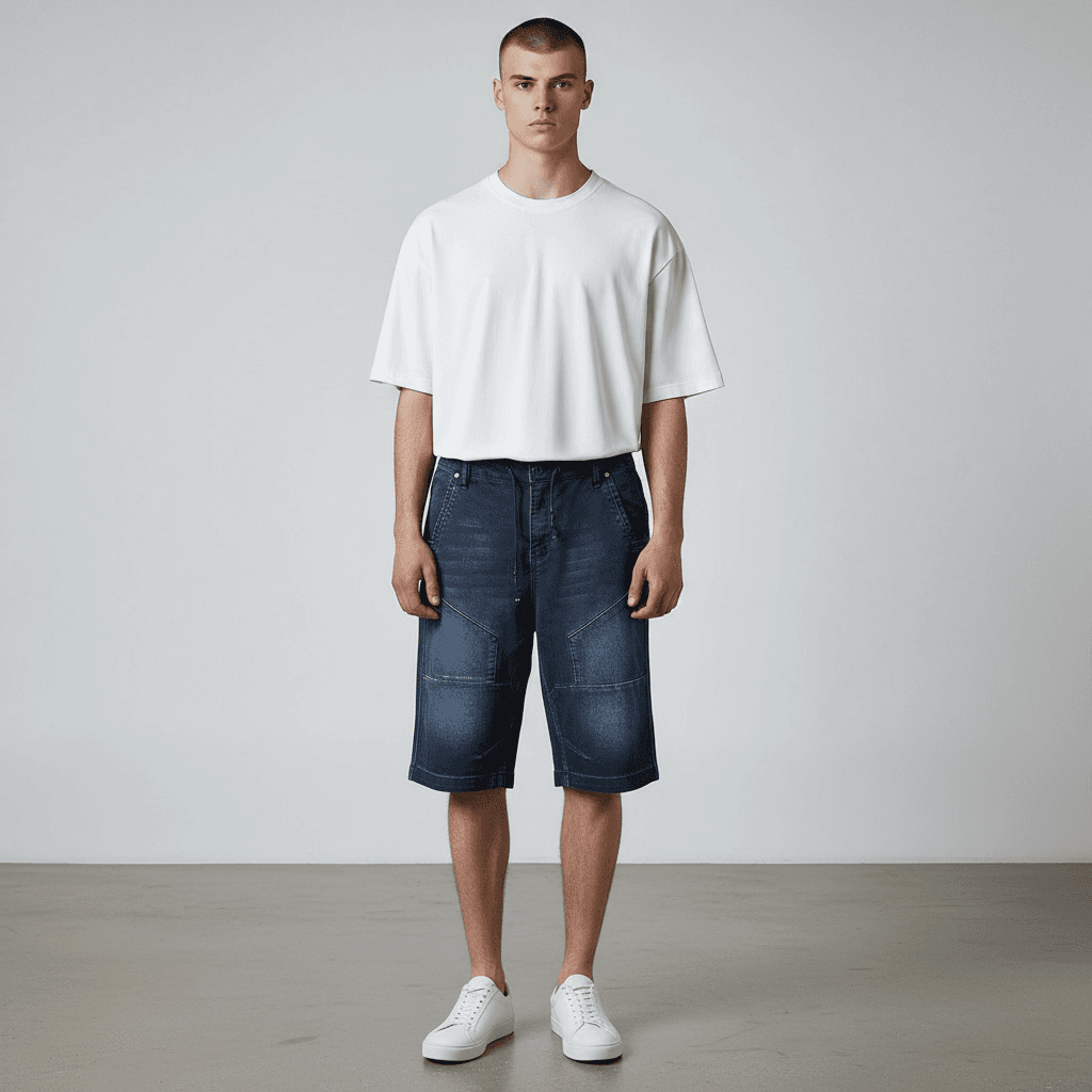 Bermuda en denim délavé moderne – Groupe confort avec couture – Image 3