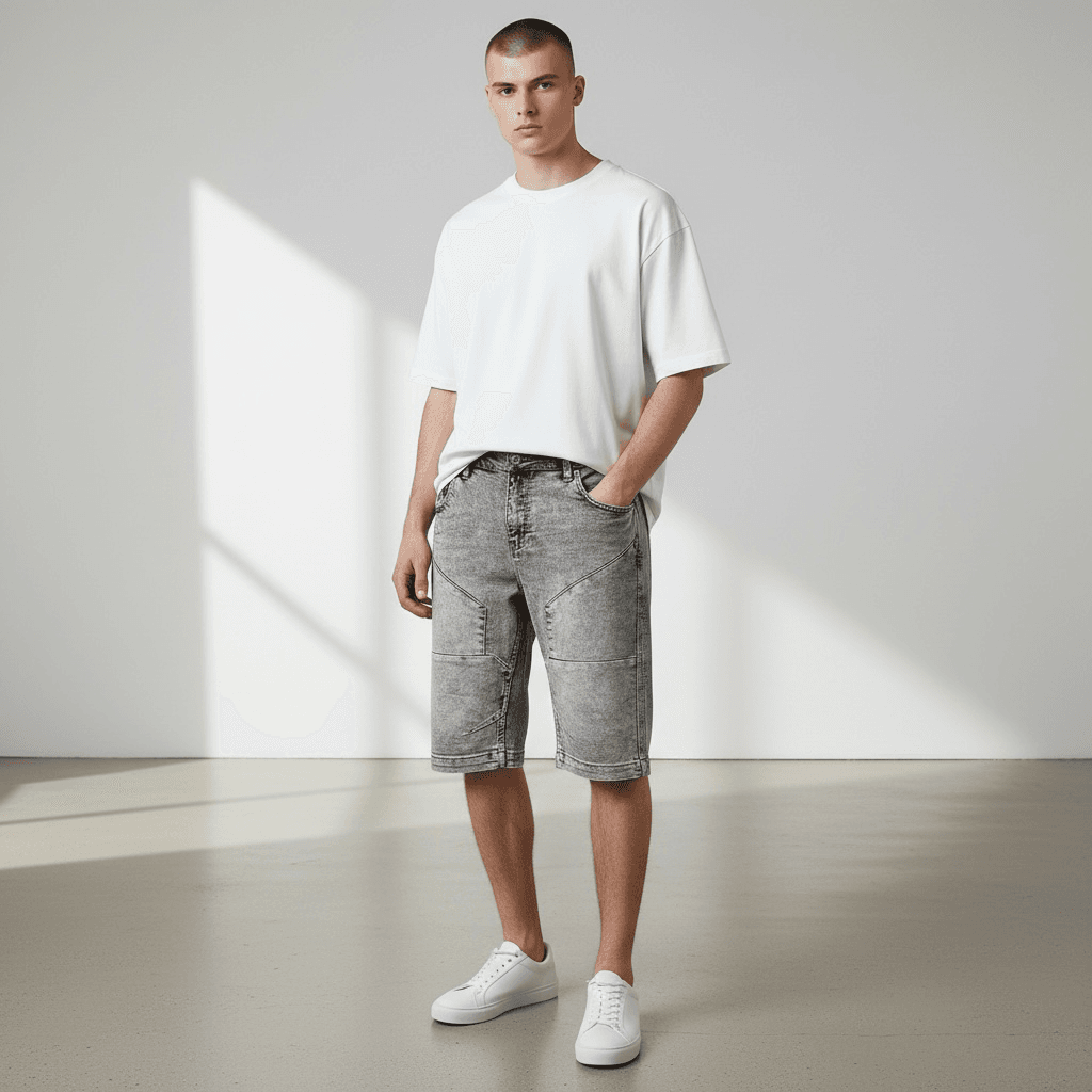 Bermuda en denim délavé moderne – Groupe confort avec couture – Image 4