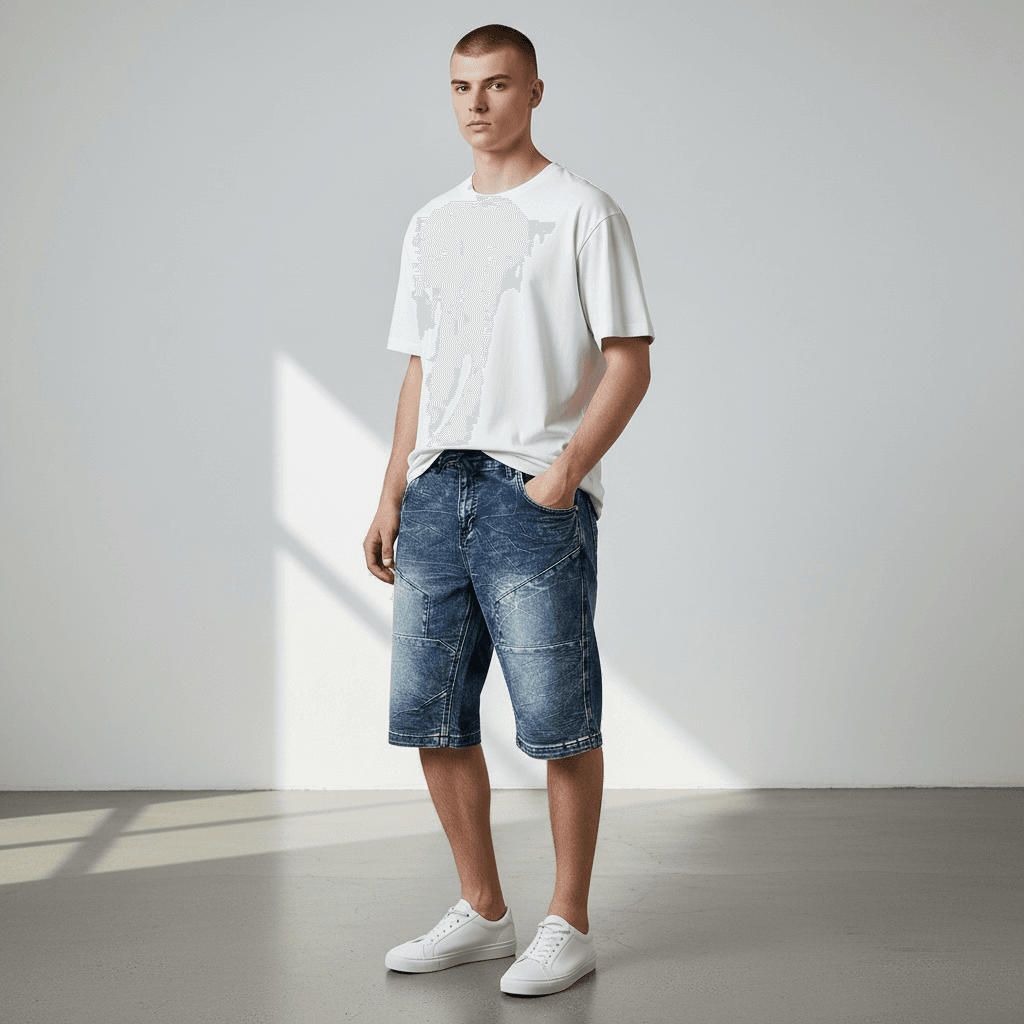 Bermuda en denim délavé moderne – Groupe confort avec couture – Image 5