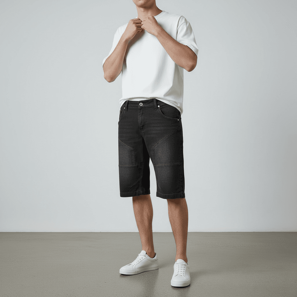 Bermuda en denim délavé moderne – Groupe confort avec couture – Image 2
