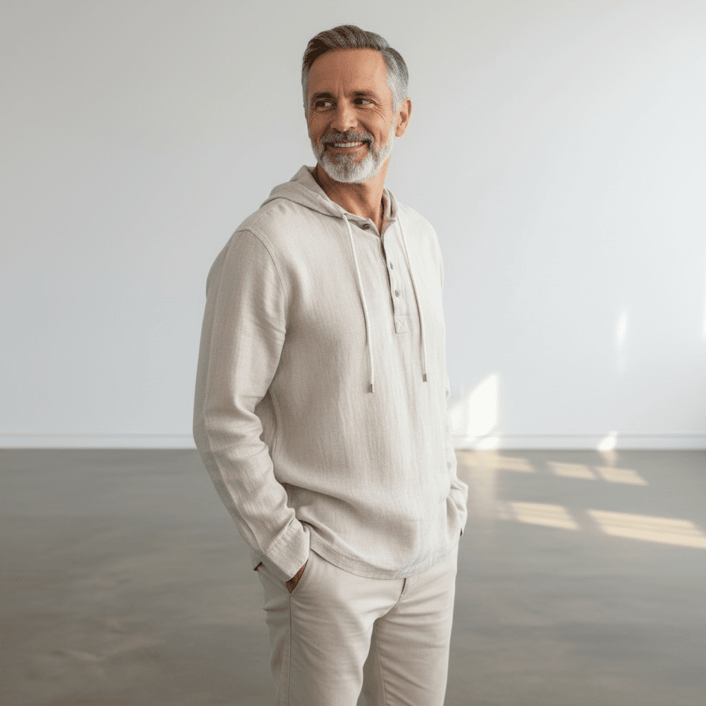 Homme souriant en chemise beige