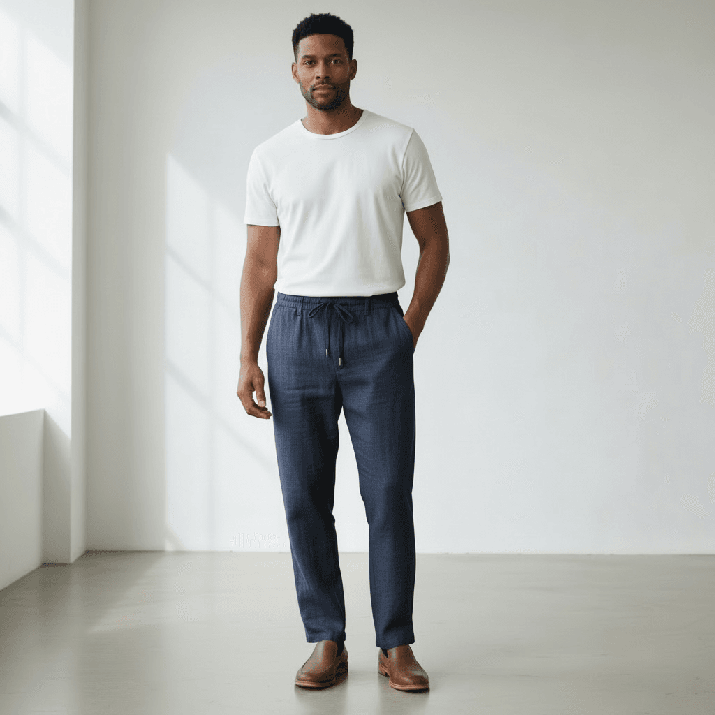 Pantalon En Lin Pour Homme Groupe En Lin 4 Homme En Pantalon Et T-Shirt Blanc