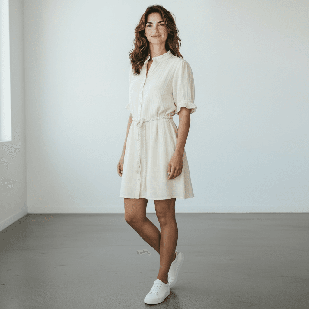 Femme en robe blanche décontractée.