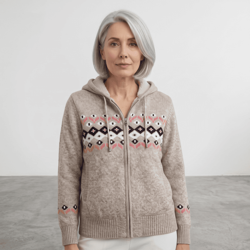 Veste En Tricot À Capuchon Avec Fermeture Éclair – Motif Nordique 1 Femme Âgée Avec Un Pull À Capuche.