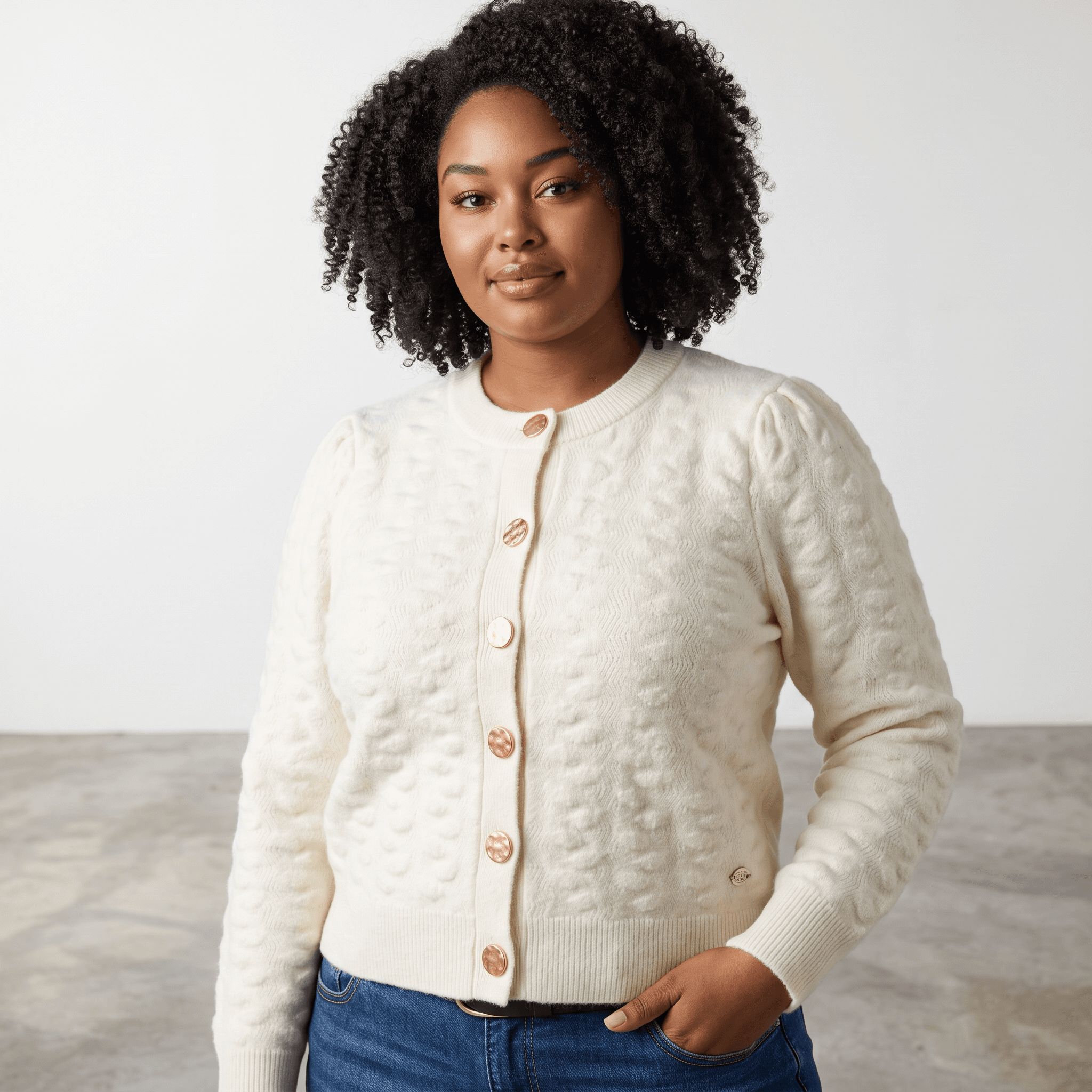 Femme portant un cardigan crème.