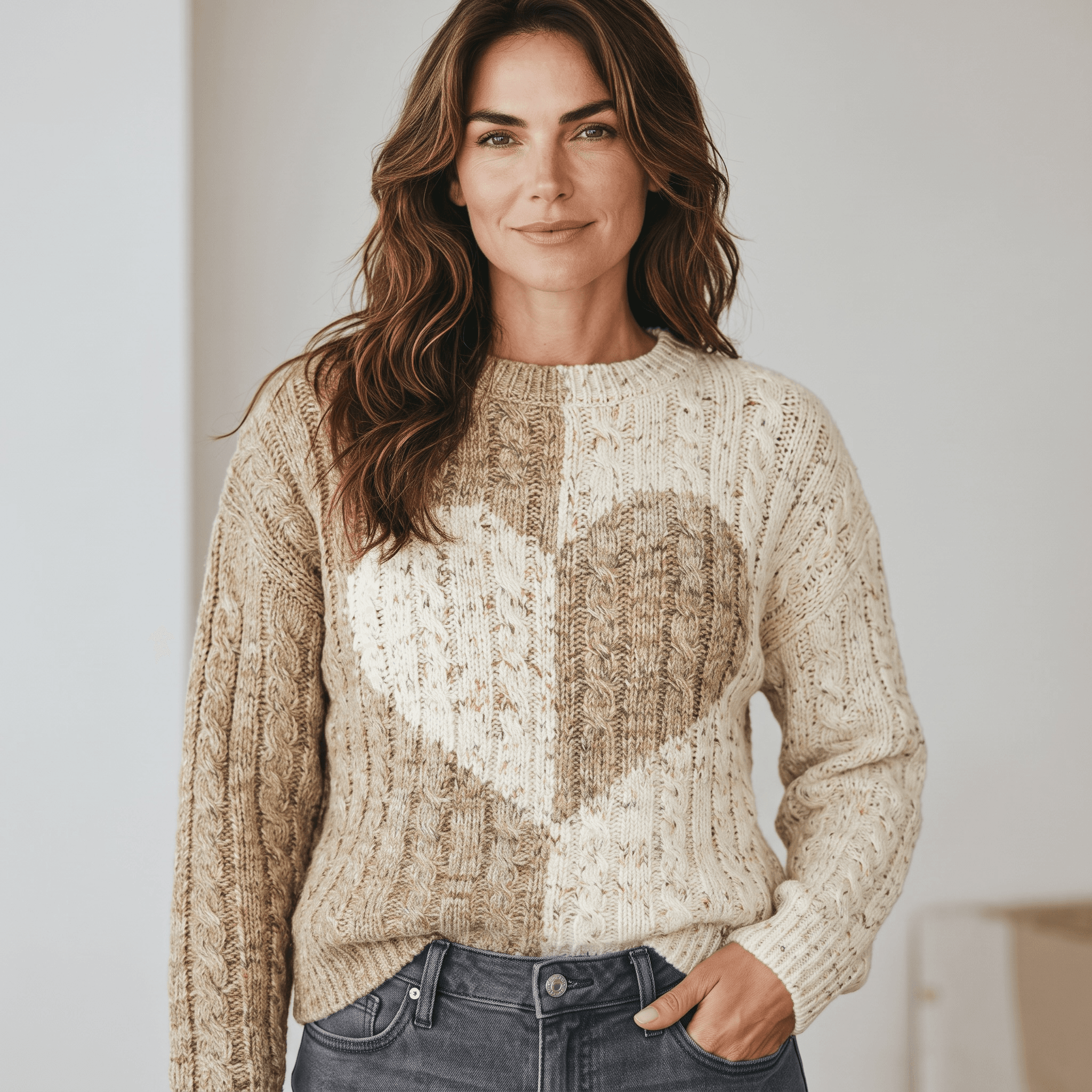 Femme avec pull à cœur beige