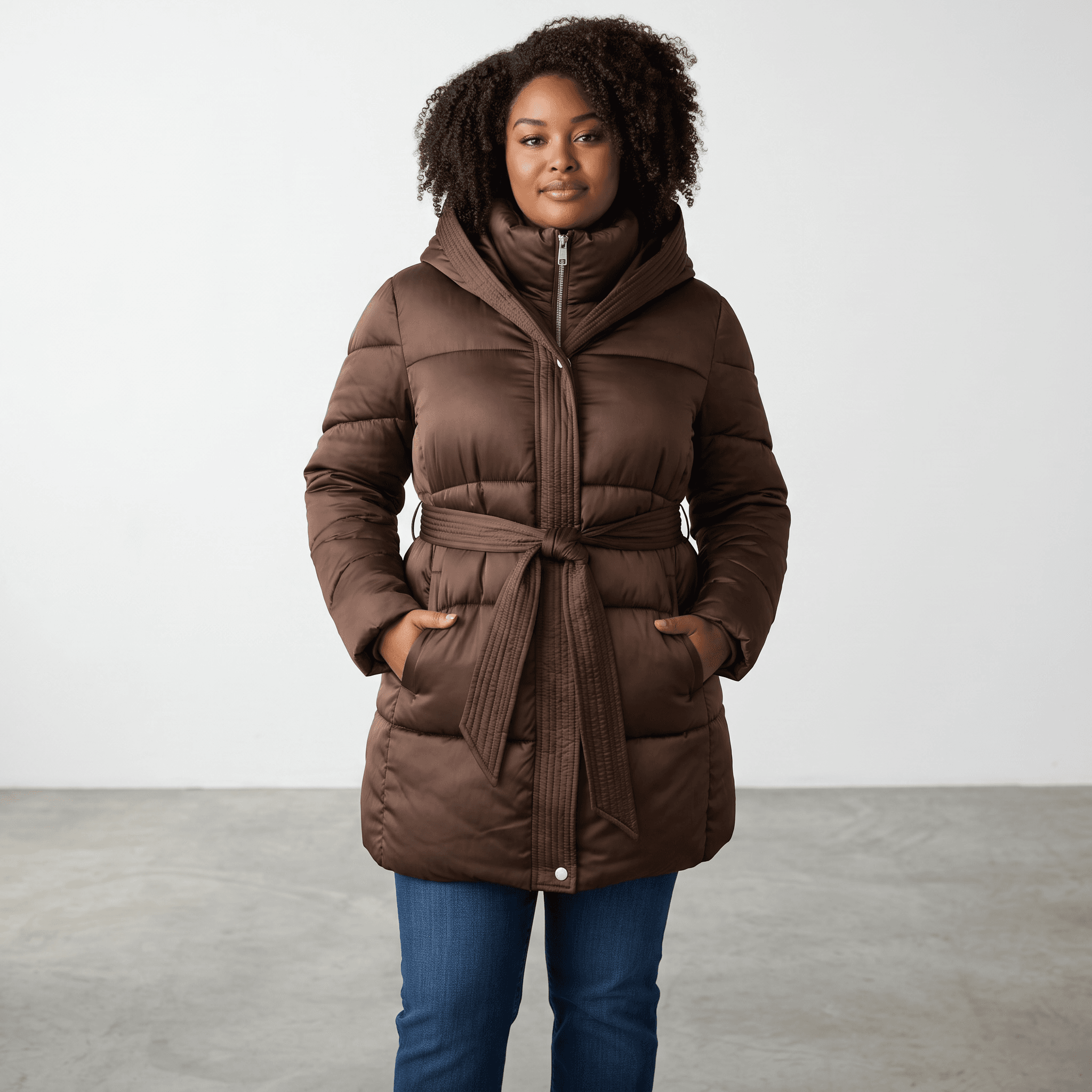 Manteau matelassé à capuchon avec ceinture