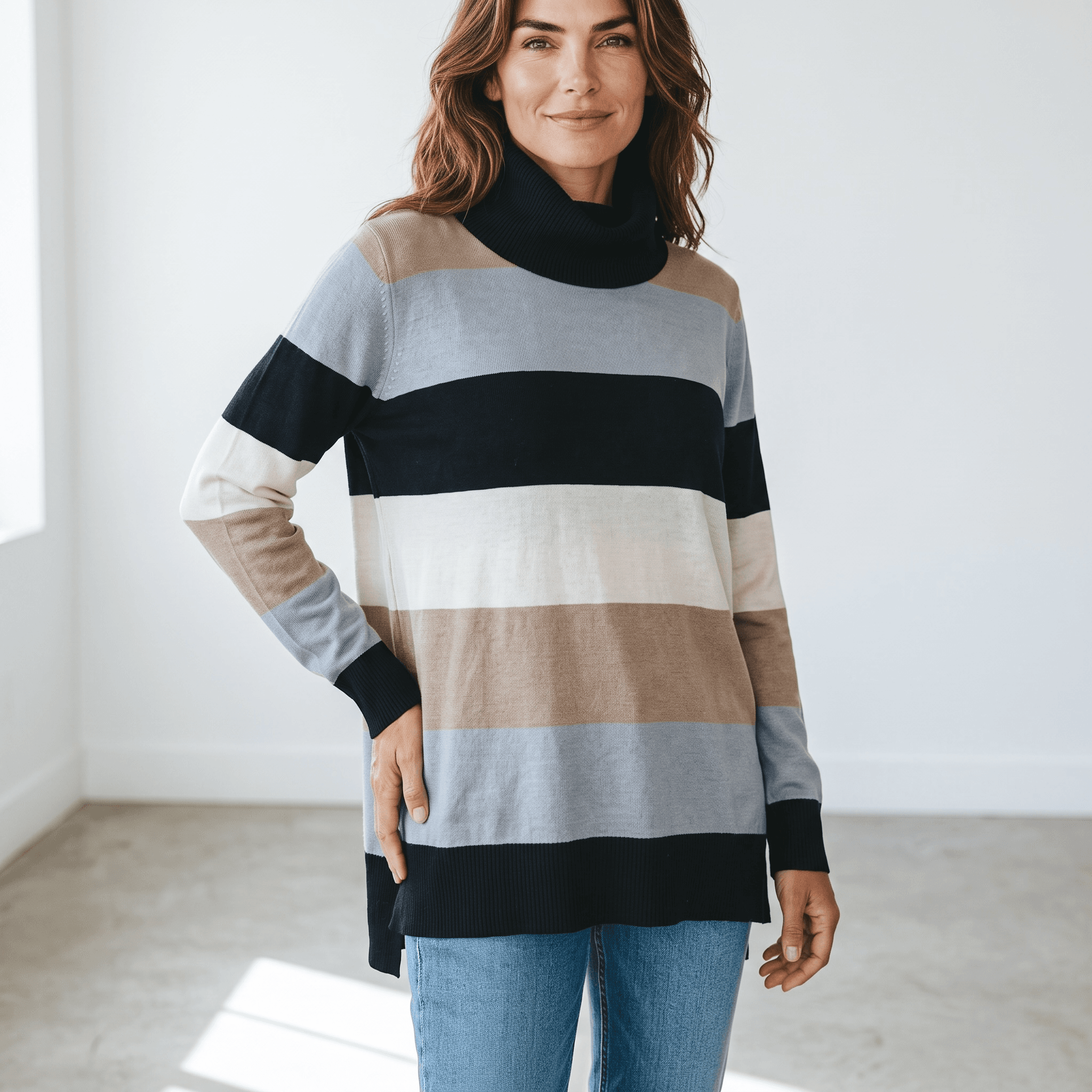 Chandail long à blocs de couleurs et col roulé <strong><span style="color:#ad6a27;">BIENTÔT DISPONIBLE EN MAGASIN</span></strong>