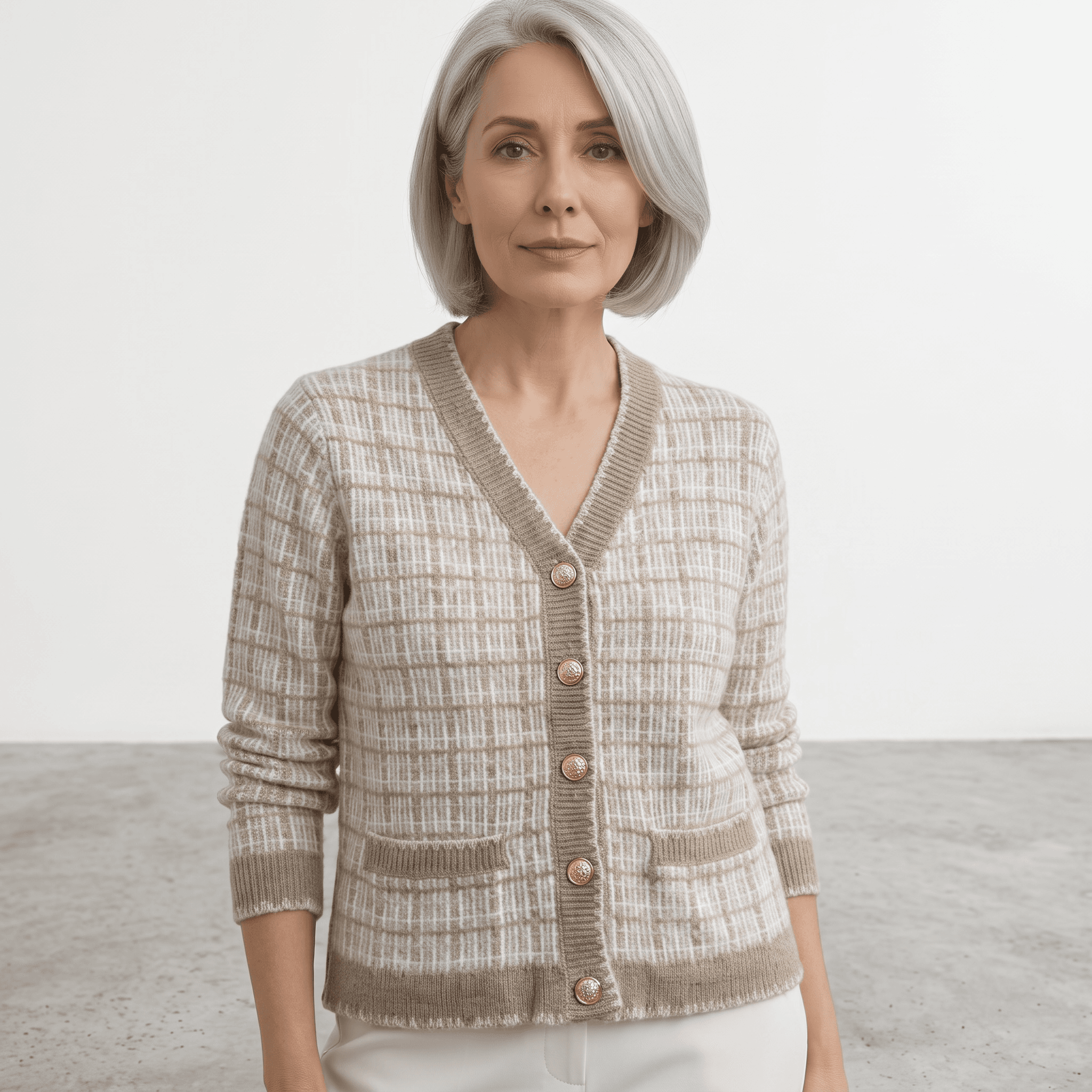 Veste en tricot à carreaux et boutons décoratifs <strong><span style="color:#ad6a27;">BIENTÔT DISPONIBLE EN MAGASIN</span></strong>