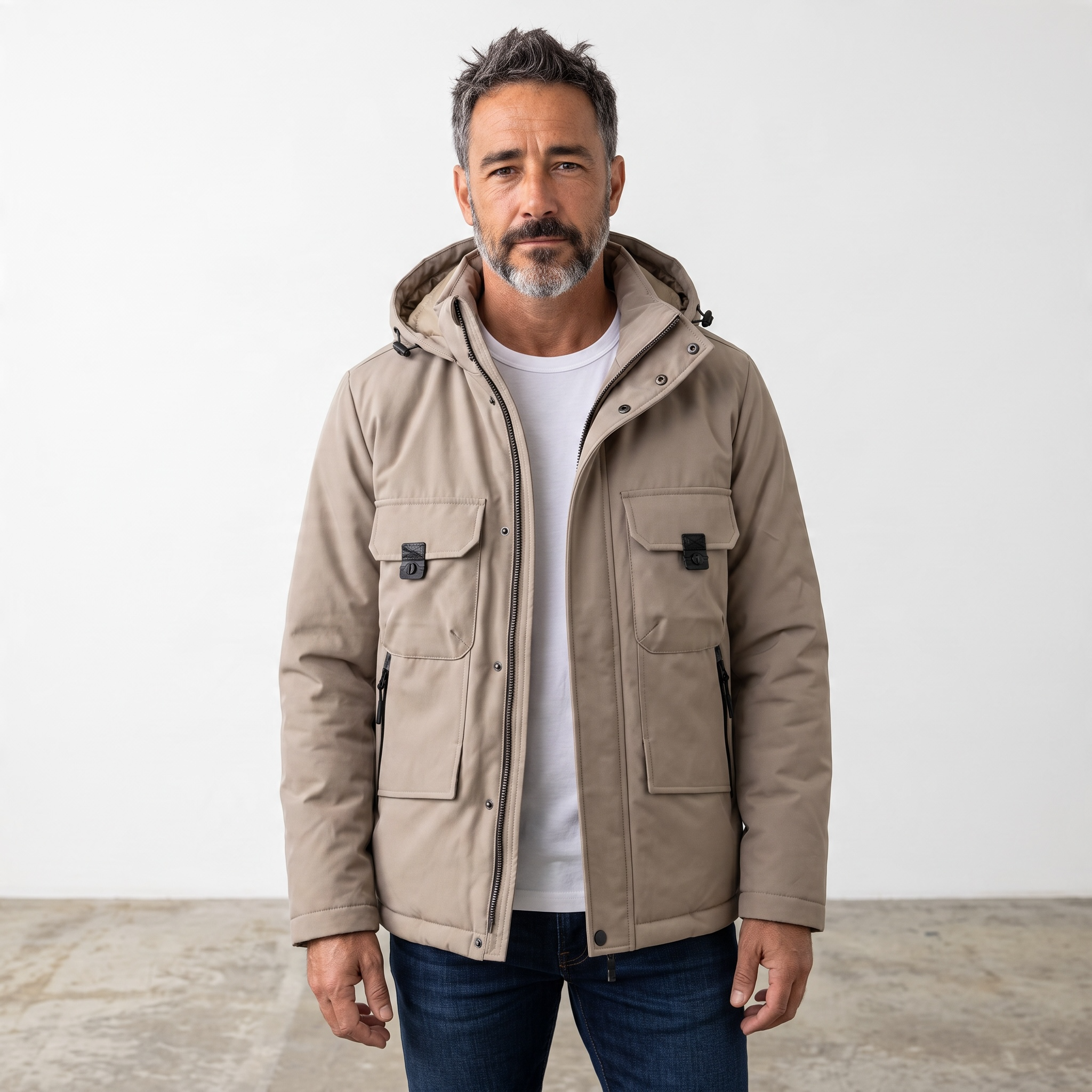 Manteau à capuchon multipoches pour homme <strong><span style="color:#ad6a27;">BIENTÔT DISPONIBLE EN MAGASIN</span></strong>