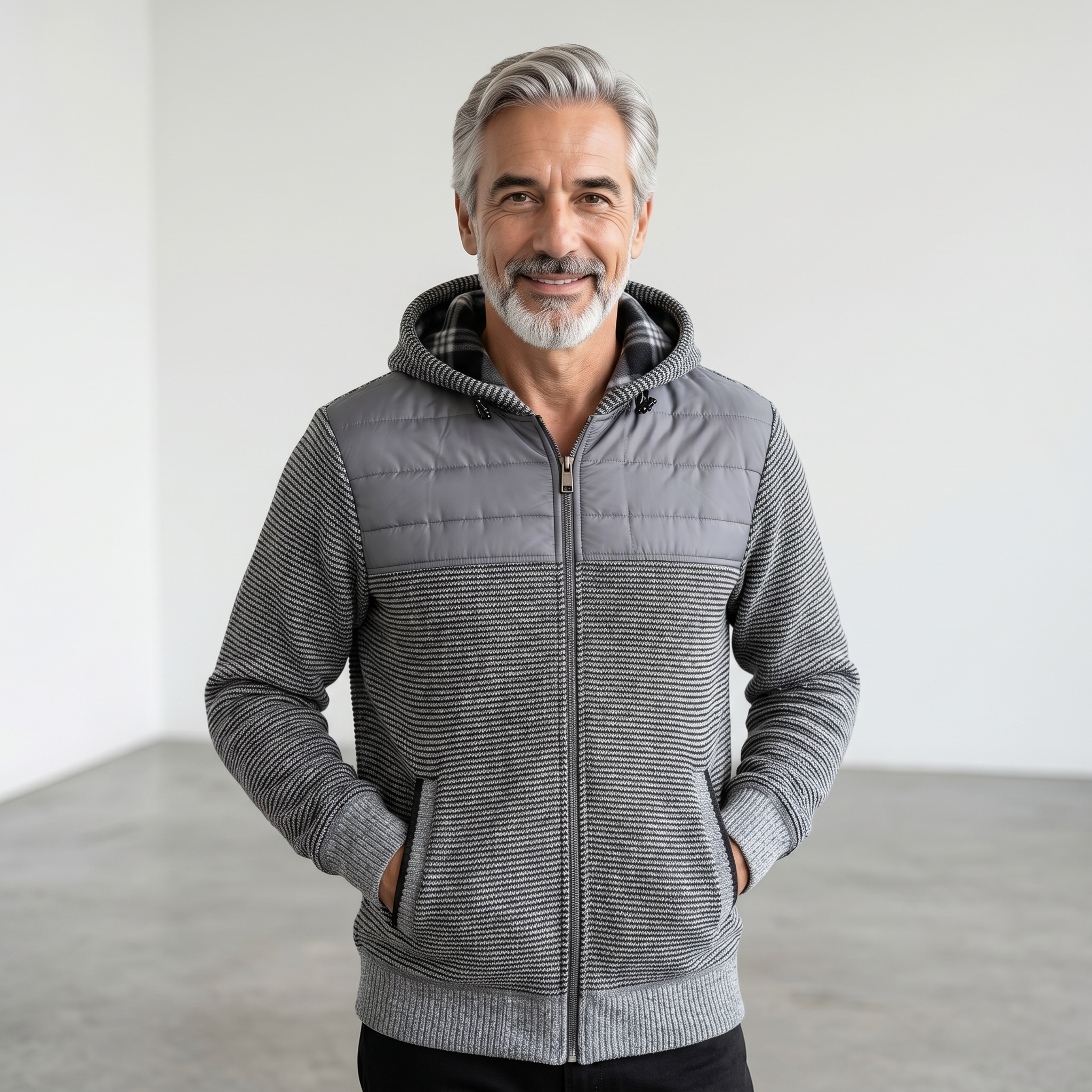 Veste en tricot avec empiècement matelassé et capuchon pour homme <strong><span style="color:#ad6a27;">BIENTÔT DISPONIBLE EN MAGASIN</span></strong>
